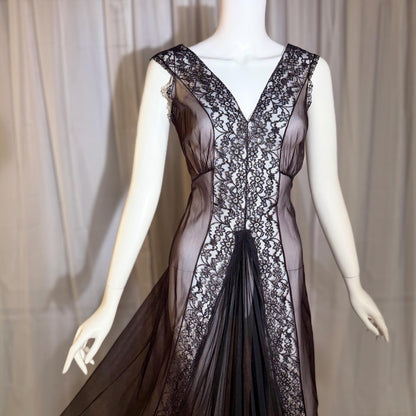 BLANCHE vintage nightgown slip dress, 1950s Black Sheer Nylon lingerie dress