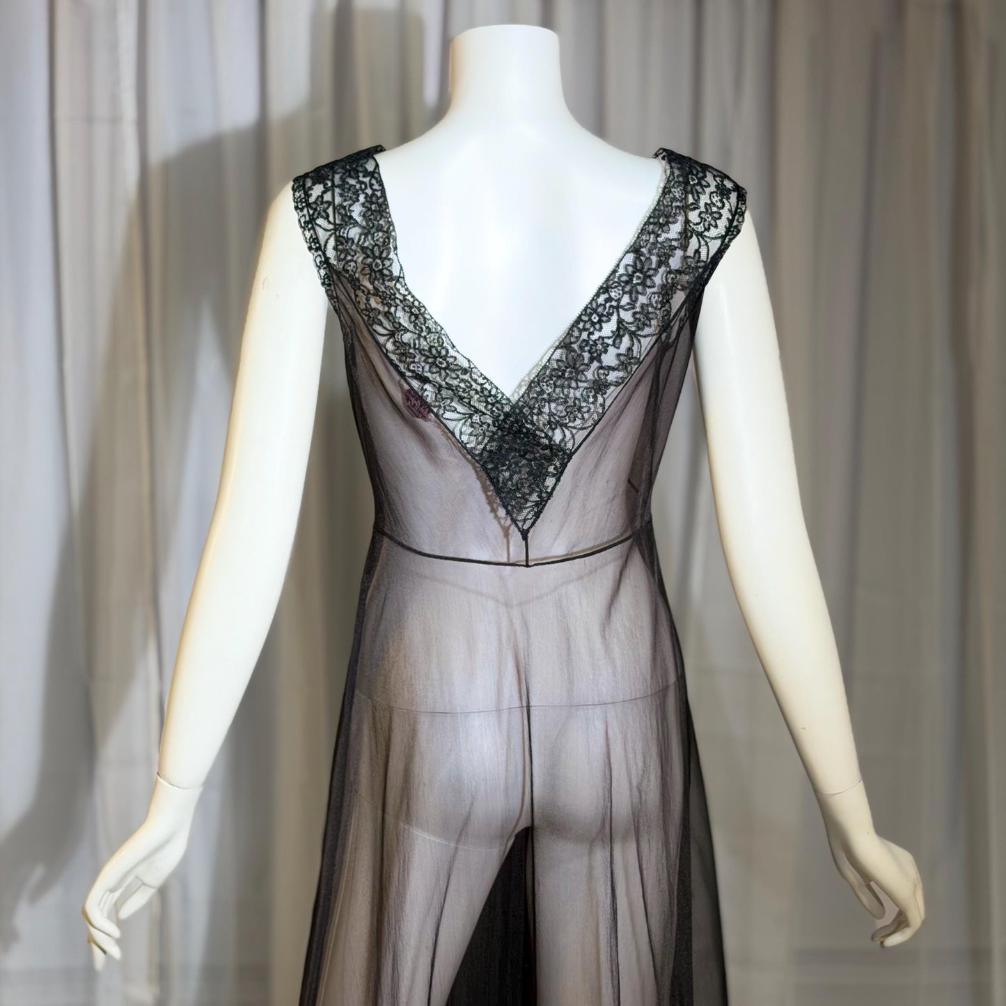 BLANCHE vintage nightgown slip dress, 1950s Black Sheer Nylon lingerie dress