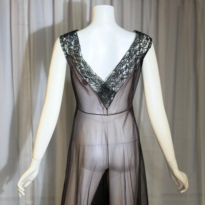 BLANCHE vintage nightgown slip dress, 1950s Black Sheer Nylon lingerie dress