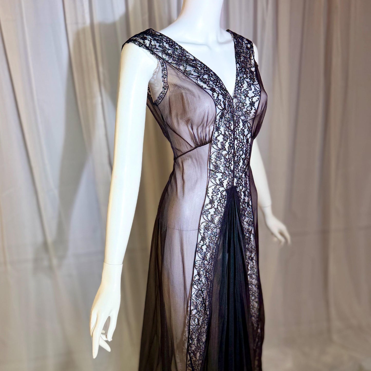 BLANCHE vintage nightgown slip dress, 1950s Black Sheer Nylon lingerie dress
