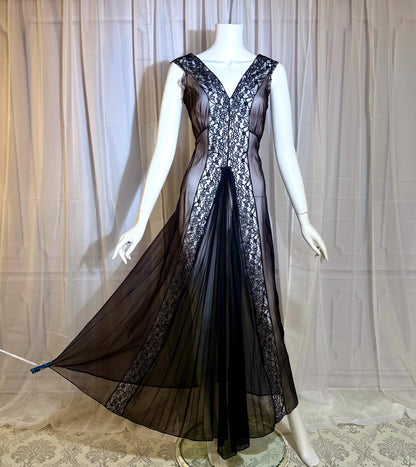 BLANCHE vintage nightgown slip dress, 1950s Black Sheer Nylon lingerie dress