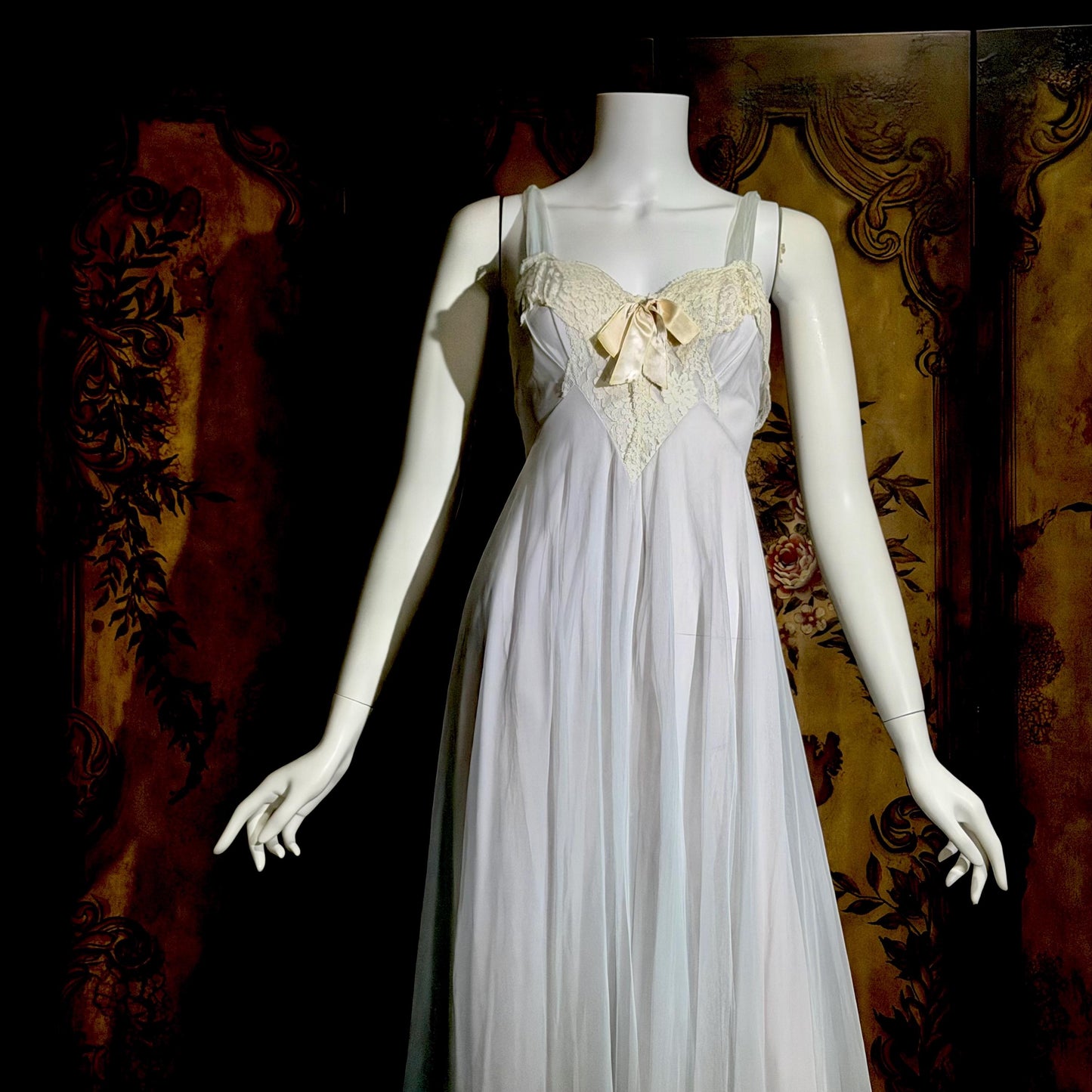 VIRGINIA WALLACE vintage nightgown robe set, 1960s Dusty Blue double layer chiffon lingerie slip dress peignoir set