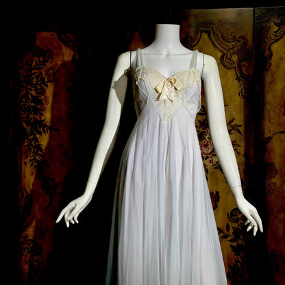VIRGINIA WALLACE vintage nightgown robe set, 1960s Dusty Blue double layer chiffon lingerie slip dress peignoir set