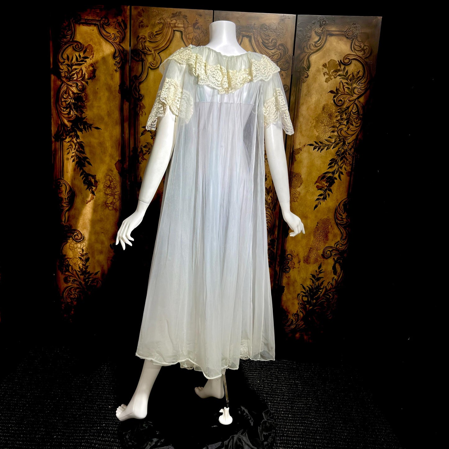 VIRGINIA WALLACE vintage nightgown robe set, 1960s Dusty Blue double layer chiffon lingerie slip dress peignoir set