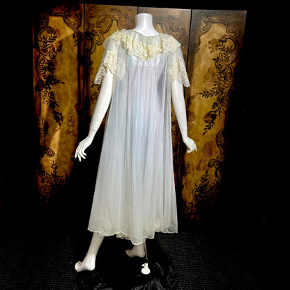 VIRGINIA WALLACE vintage nightgown robe set, 1960s Dusty Blue double layer chiffon lingerie slip dress peignoir set