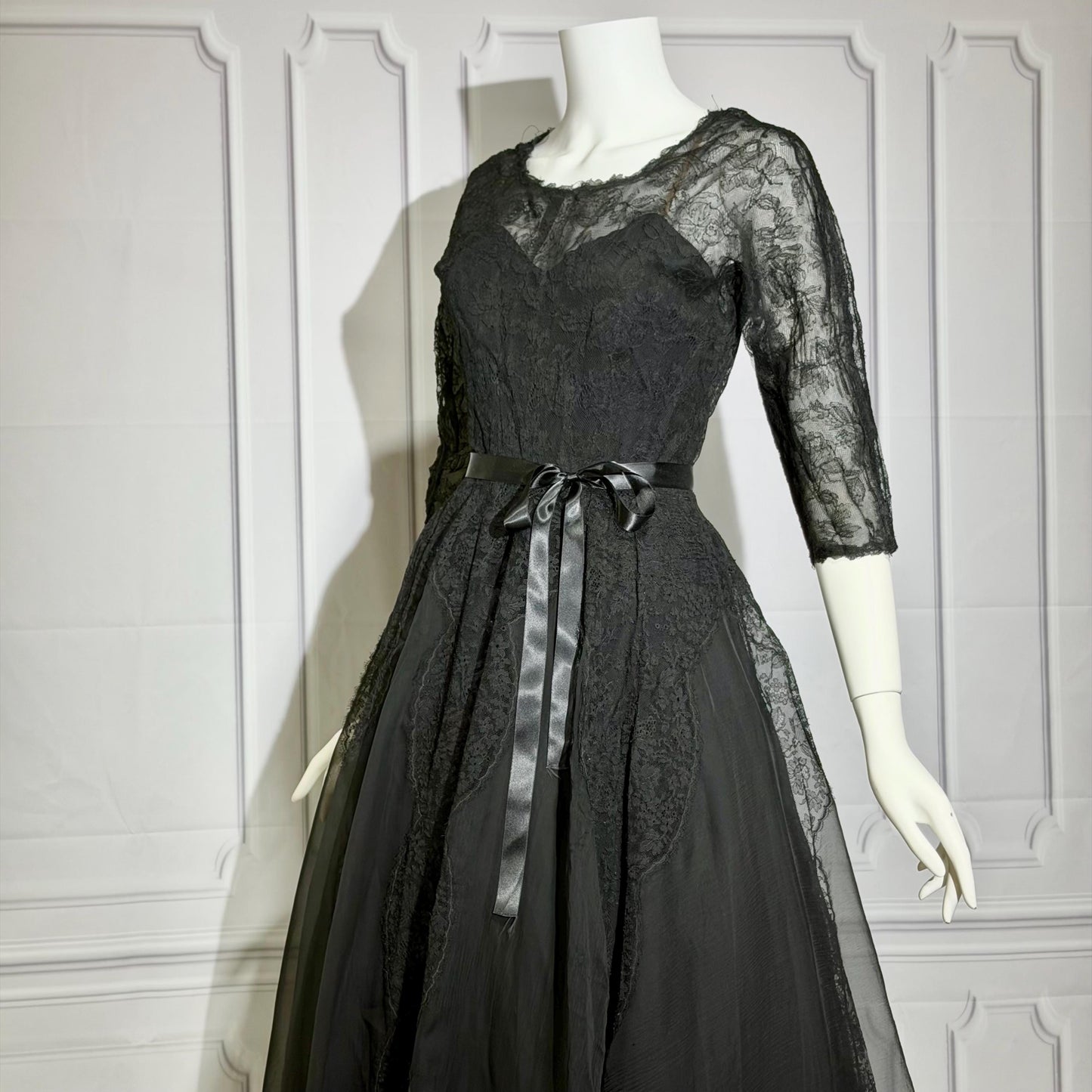 HENRI BENDEL vintage evening dress gown, 1950s black silk lace cocktail party ball gown