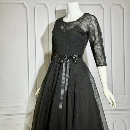 HENRI BENDEL vintage evening dress gown, 1950s black silk lace cocktail party ball gown