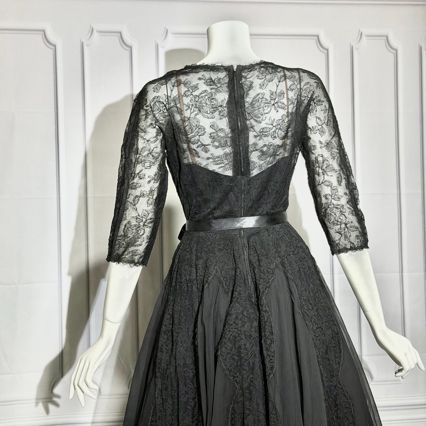 HENRI BENDEL vintage evening dress gown, 1950s black silk lace cocktail party ball gown