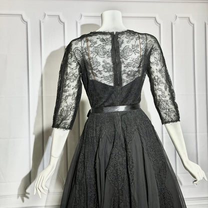 HENRI BENDEL vintage evening dress gown, 1950s black silk lace cocktail party ball gown
