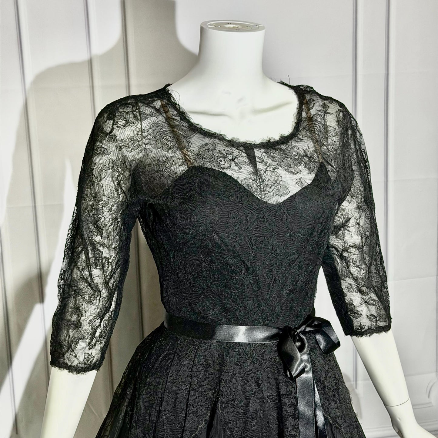 HENRI BENDEL vintage evening dress gown, 1950s black silk lace cocktail party ball gown