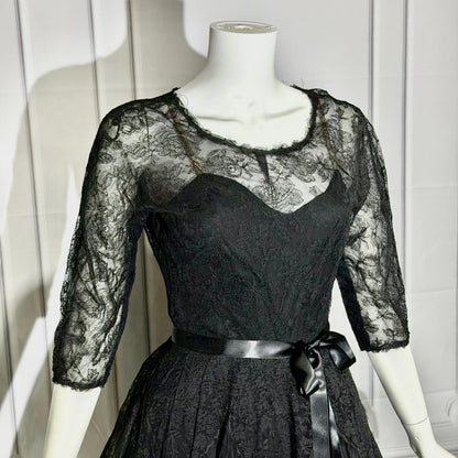 HENRI BENDEL vintage evening dress gown, 1950s black silk lace cocktail party ball gown
