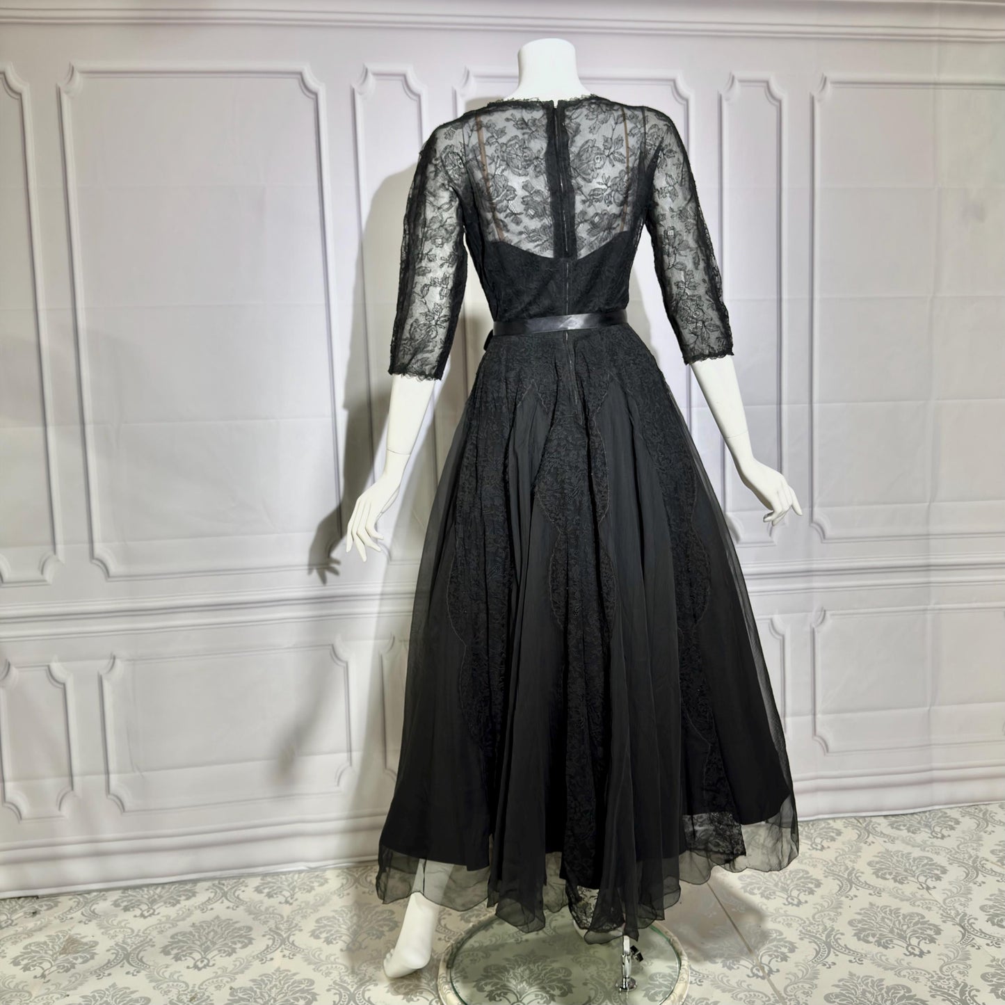 HENRI BENDEL vintage evening dress gown, 1950s black silk lace cocktail party ball gown