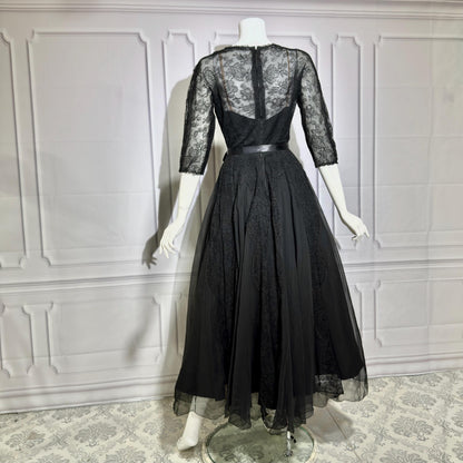 HENRI BENDEL vintage evening dress gown, 1950s black silk lace cocktail party ball gown