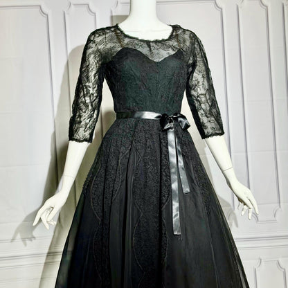 HENRI BENDEL vintage evening dress gown, 1950s black silk lace cocktail party ball gown