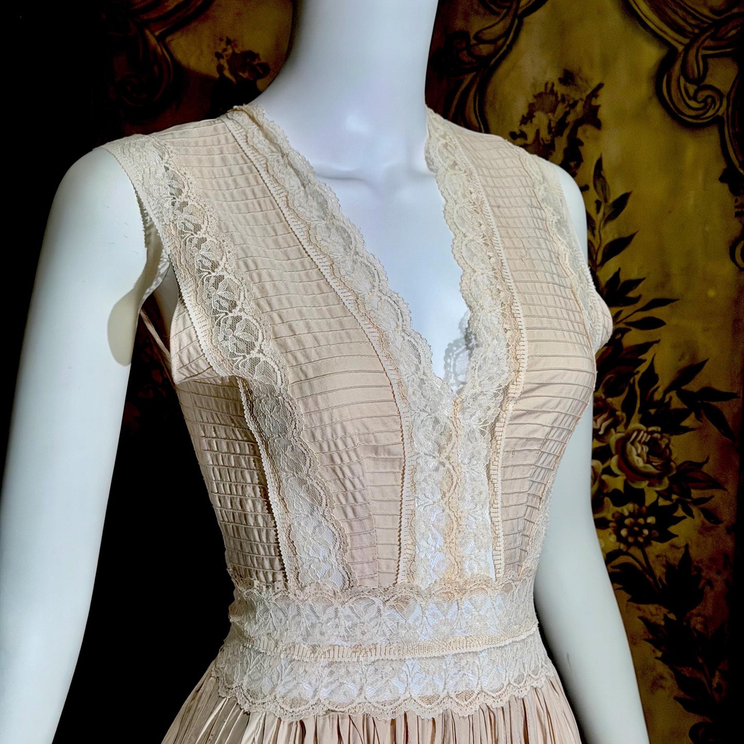 1970s Vintage evening wedding Dress, Blush Taupe Mexican Boho cotton crochet gown