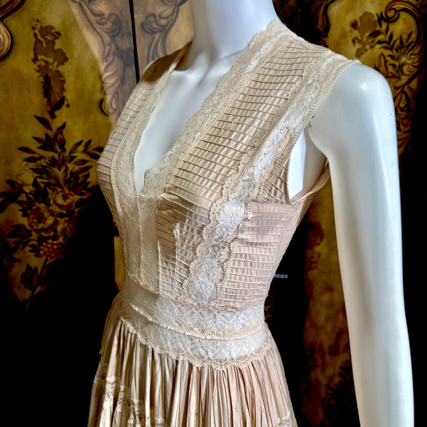 1970s Vintage evening wedding Dress, Blush Taupe Mexican Boho cotton crochet gown