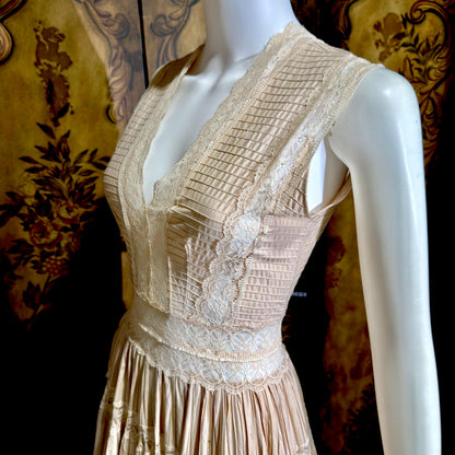 1970s Vintage evening wedding Dress, Blush Taupe Mexican Boho cotton crochet gown