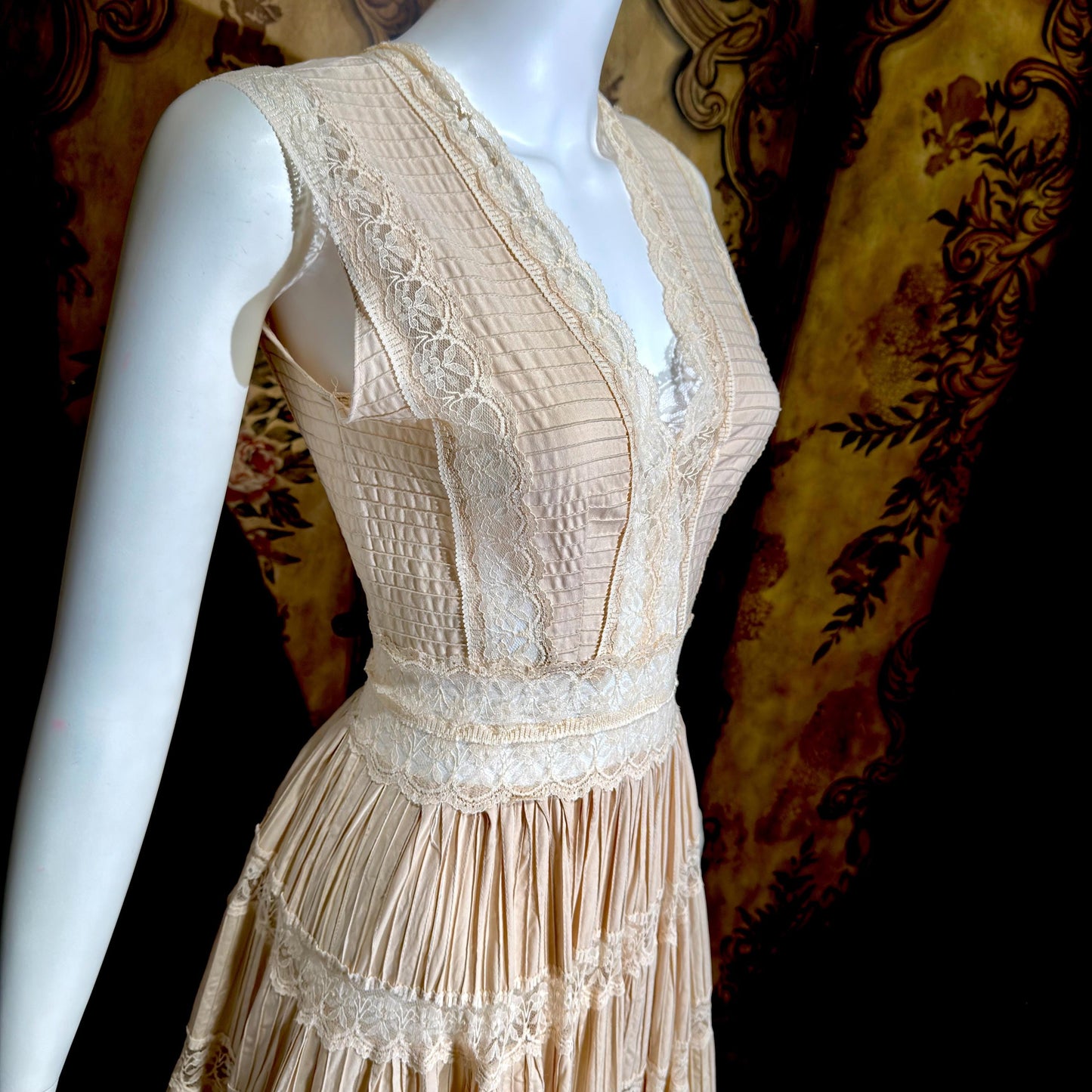 1970s Vintage evening wedding Dress, Blush Taupe Mexican Boho cotton crochet gown