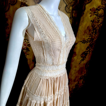 1970s Vintage evening wedding Dress, Blush Taupe Mexican Boho cotton crochet gown