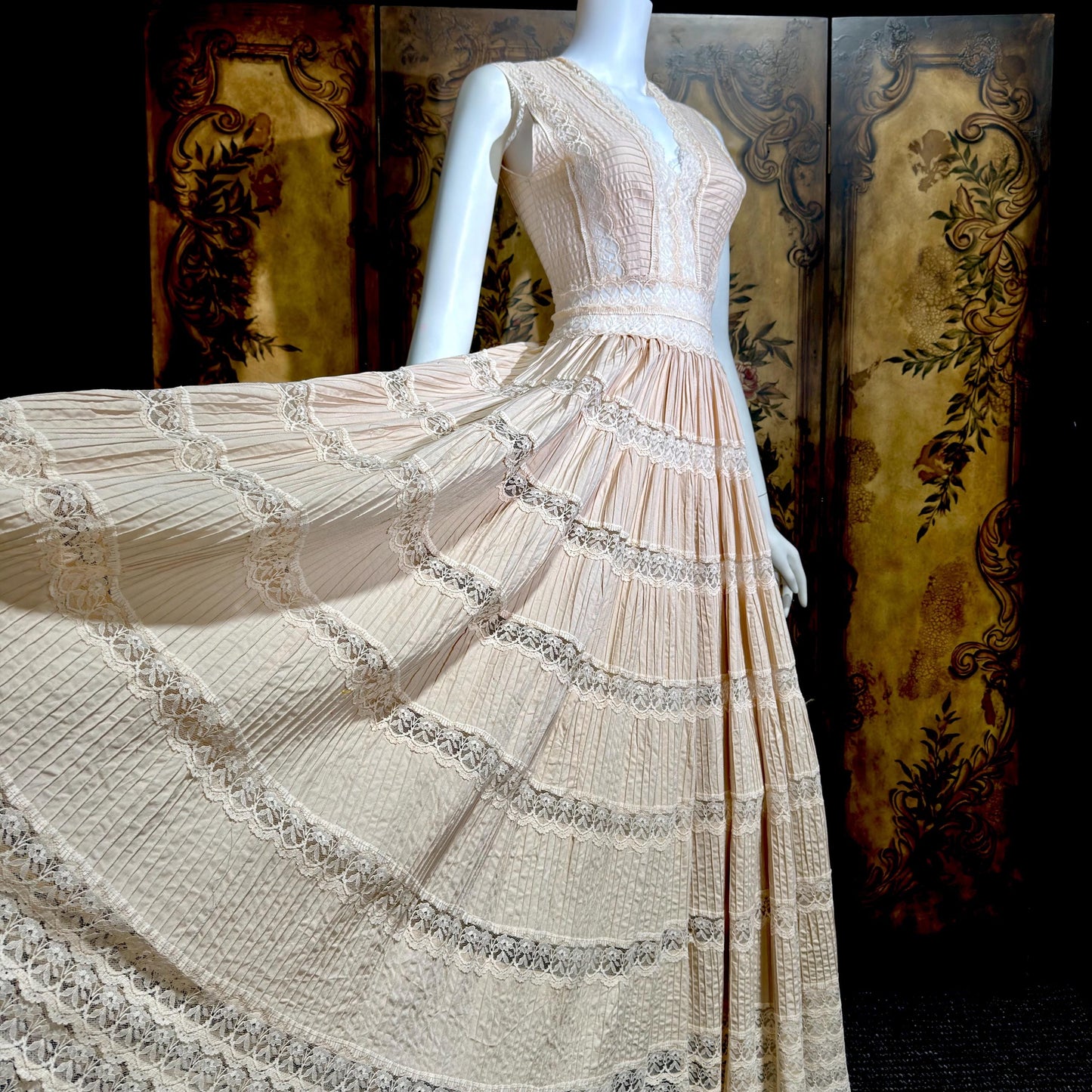 1970s Vintage evening wedding Dress, Blush Taupe Mexican Boho cotton crochet gown