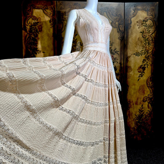 1970s Vintage evening wedding Dress, Blush Taupe Mexican Boho cotton crochet gown