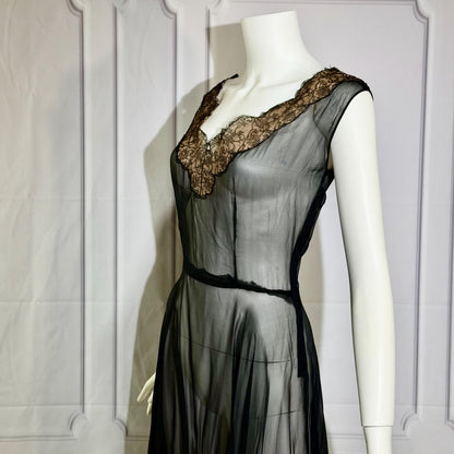 1950s vintage evening cocktail dress, SHEER black silk chiffon party dress