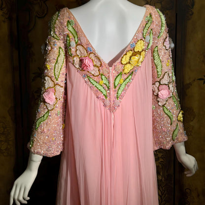 ESTHER BUZZOLINI vintage evening dress gown, 1960s pink silk chiffon beaded shift gown