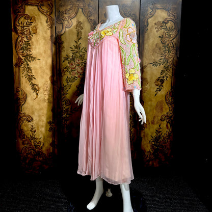 ESTHER BUZZOLINI vintage evening dress gown, 1960s pink silk chiffon beaded shift gown
