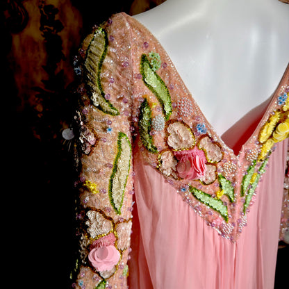 ESTHER BUZZOLINI vintage evening dress gown, 1960s pink silk chiffon beaded shift gown