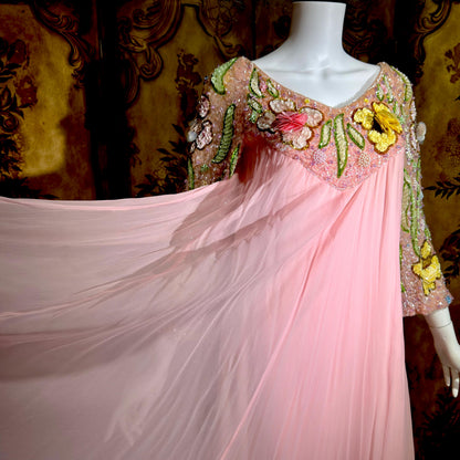 ESTHER BUZZOLINI vintage evening dress gown, 1960s pink silk chiffon beaded shift gown