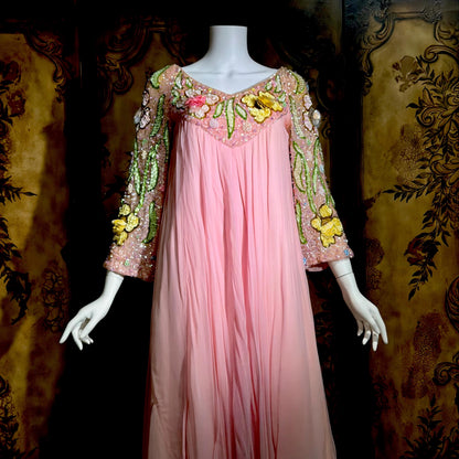 ESTHER BUZZOLINI vintage evening dress gown, 1960s pink silk chiffon beaded shift gown