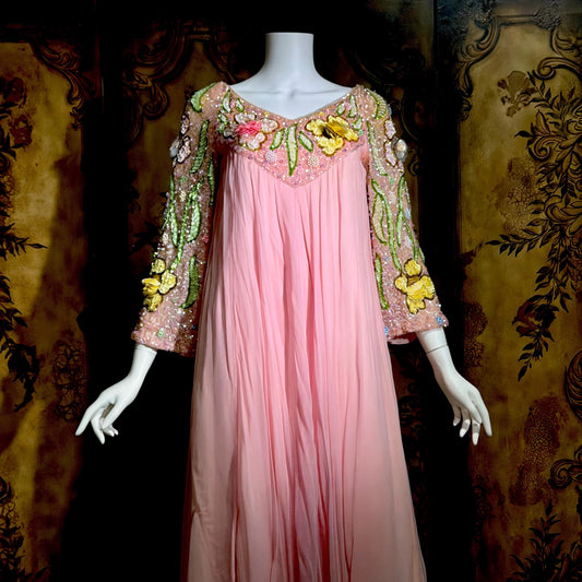ESTHER BUZZOLINI vintage evening dress gown, 1960s pink silk chiffon beaded shift gown
