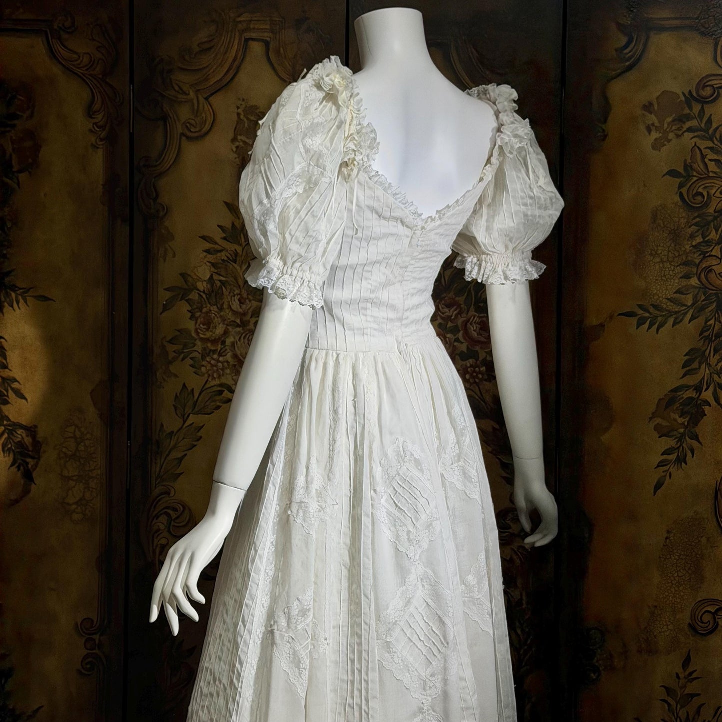1970s vintage Mexican Wedding dress, White cotton gauze pin tuck off shoulder ball gown
