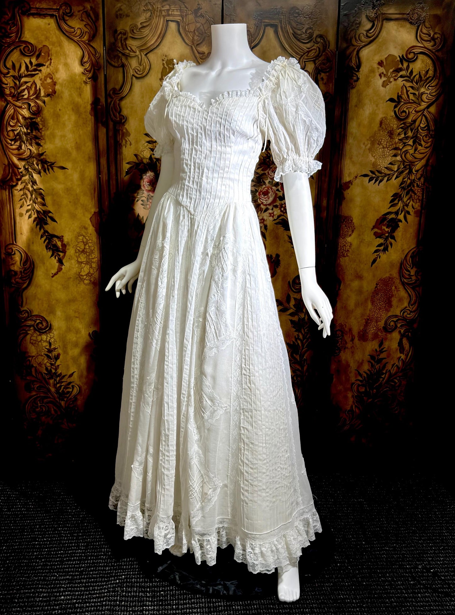 1970s vintage Mexican Wedding dress, White cotton gauze pin tuck off shoulder ball gown