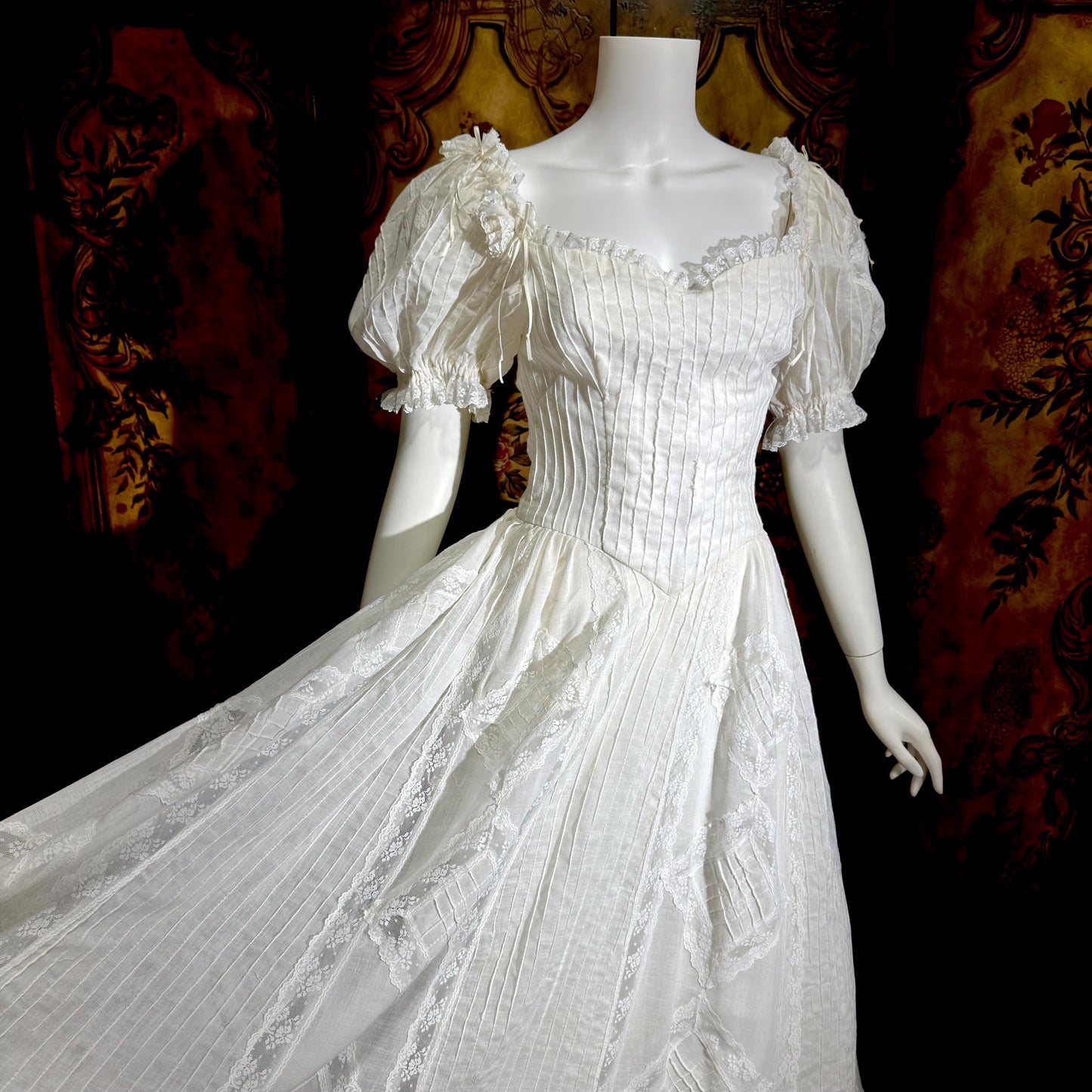 1970s vintage Mexican Wedding dress, White cotton gauze pin tuck off shoulder ball gown