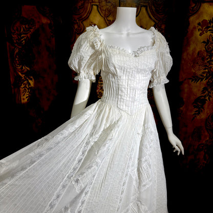 1970s vintage Mexican Wedding dress, White cotton gauze pin tuck off shoulder ball gown