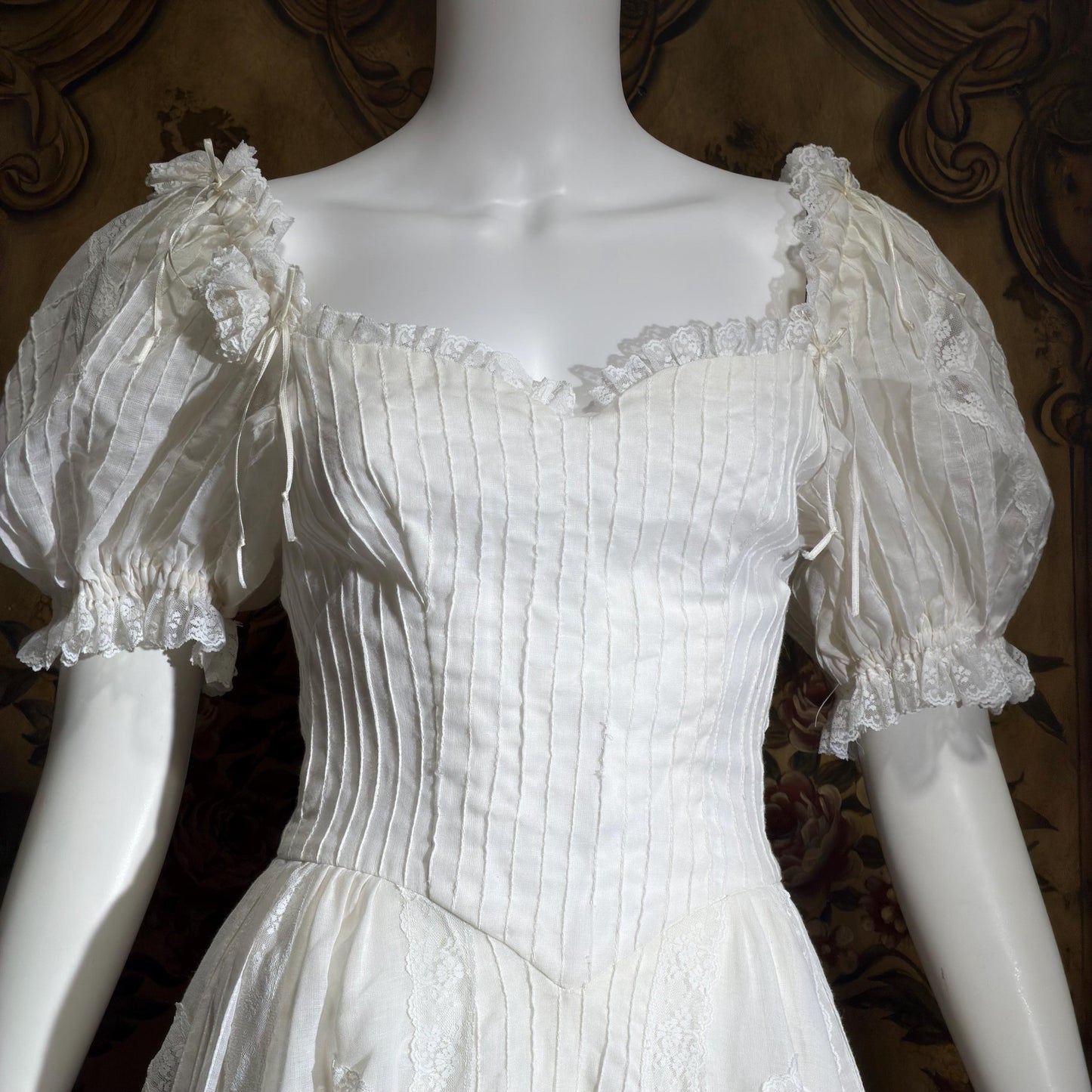 1970s vintage Mexican Wedding dress, White cotton gauze pin tuck off shoulder ball gown