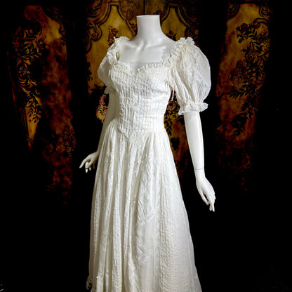 1970s vintage Mexican Wedding dress, White cotton gauze pin tuck off shoulder ball gown