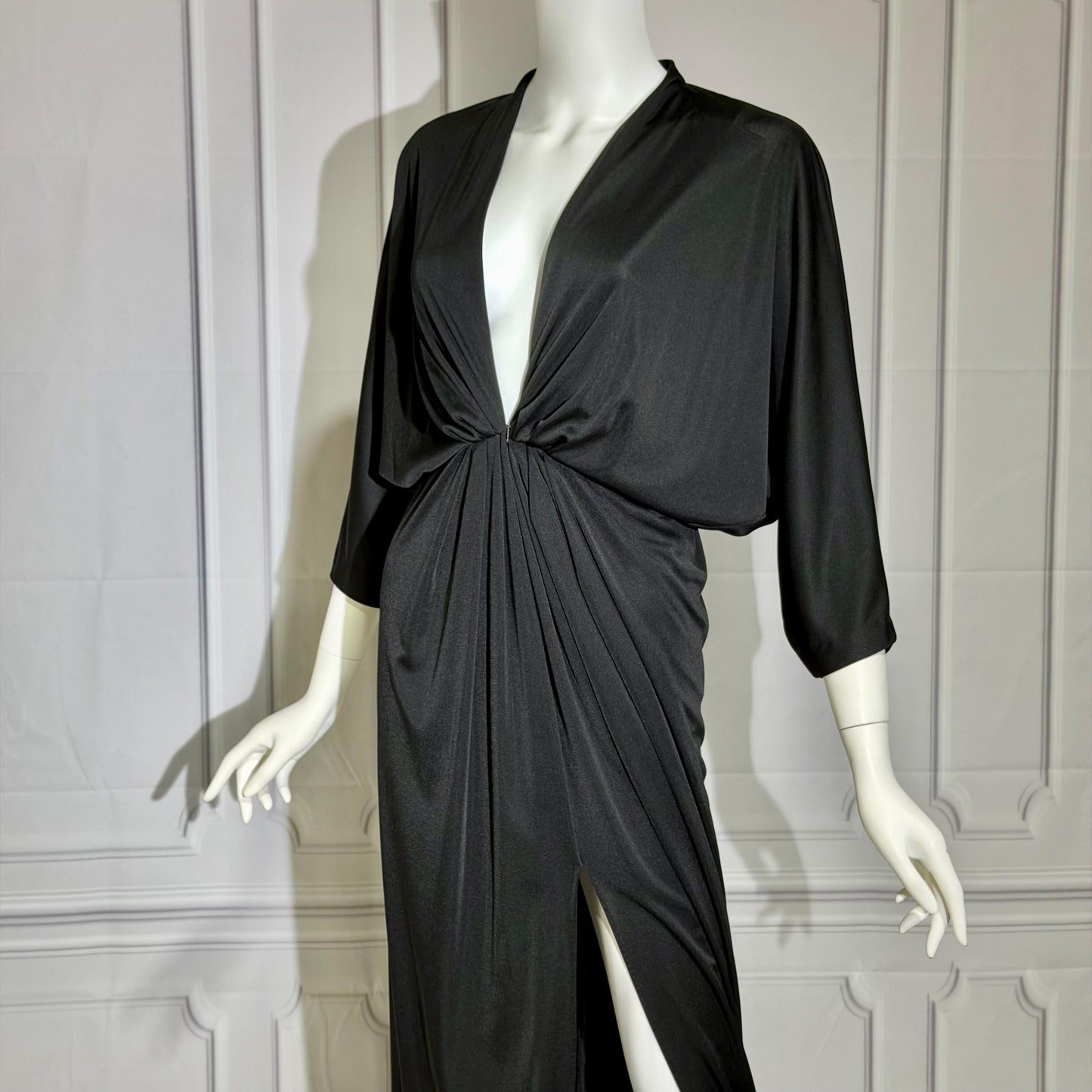 LUCIE ANN Vintage 1960s Evening Caftan, Black Slinky knit nylon Batwing Kaftan dress