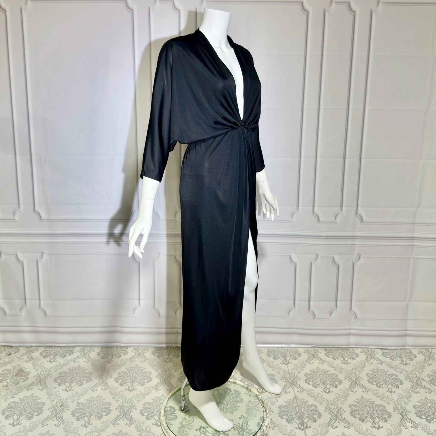 LUCIE ANN Vintage 1960s Evening Caftan, Black Slinky knit nylon Batwing Kaftan dress