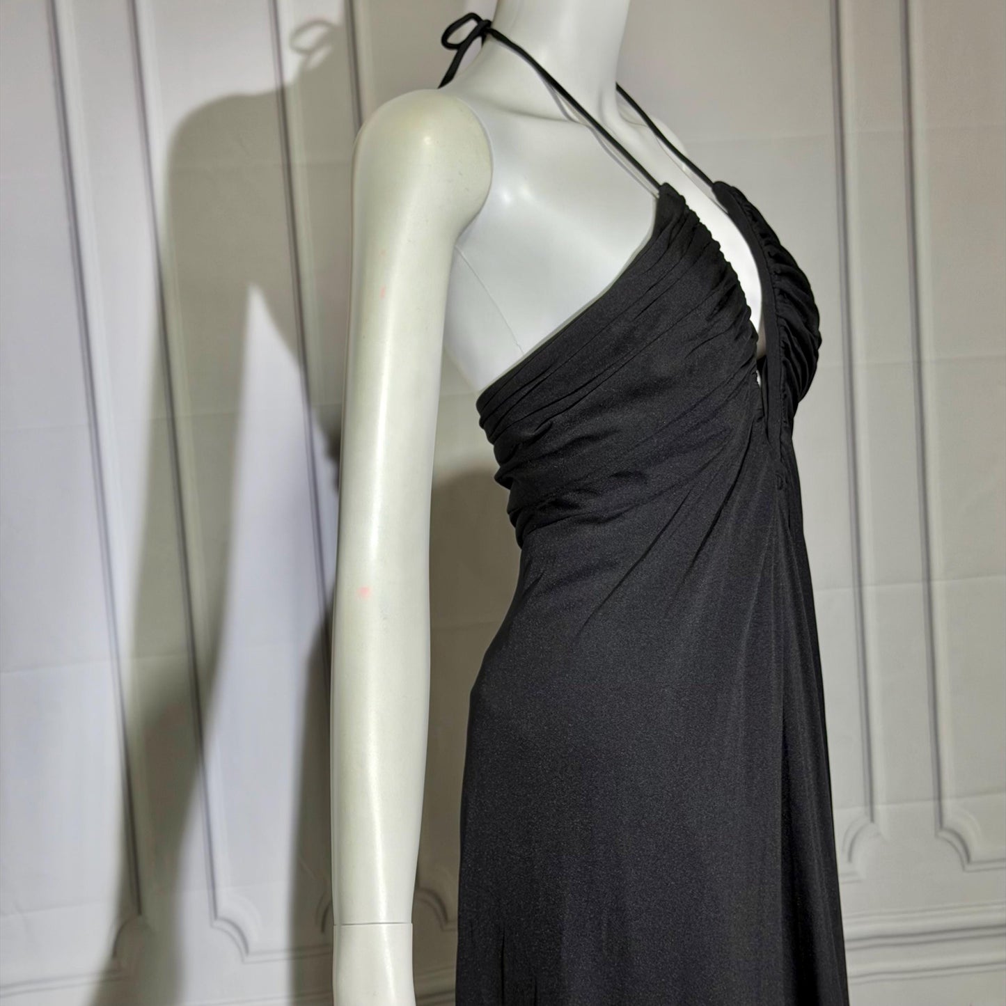 ESTEVEZ Vintage 1970s Black Jersey Knit Gown, Grecian Goddess Plunging Halter Neckline
