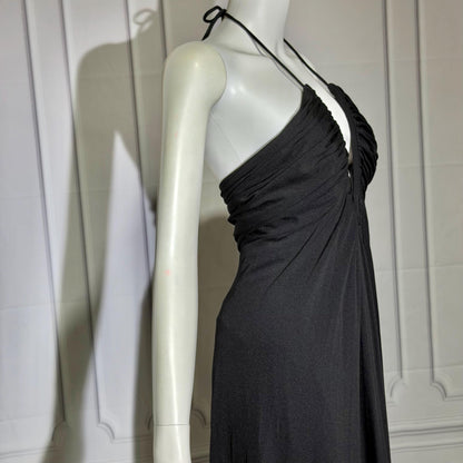 ESTEVEZ Vintage 1970s Black Jersey Knit Gown, Grecian Goddess Plunging Halter Neckline
