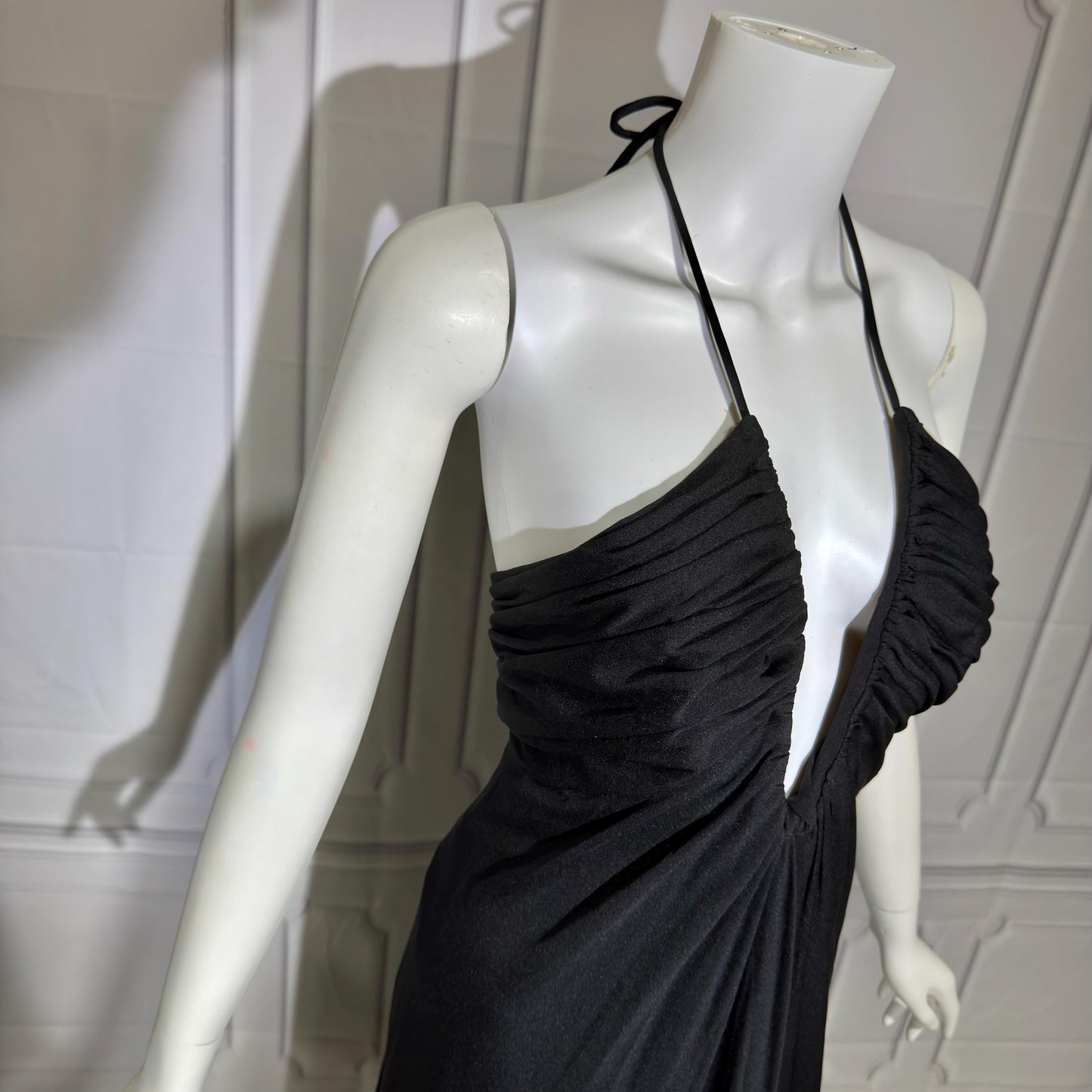 ESTEVEZ Vintage 1970s Black Jersey Knit Gown, Grecian Goddess Plunging Halter Neckline