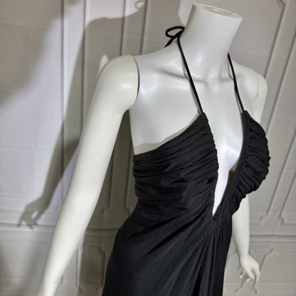 ESTEVEZ Vintage 1970s Black Jersey Knit Gown, Grecian Goddess Plunging Halter Neckline
