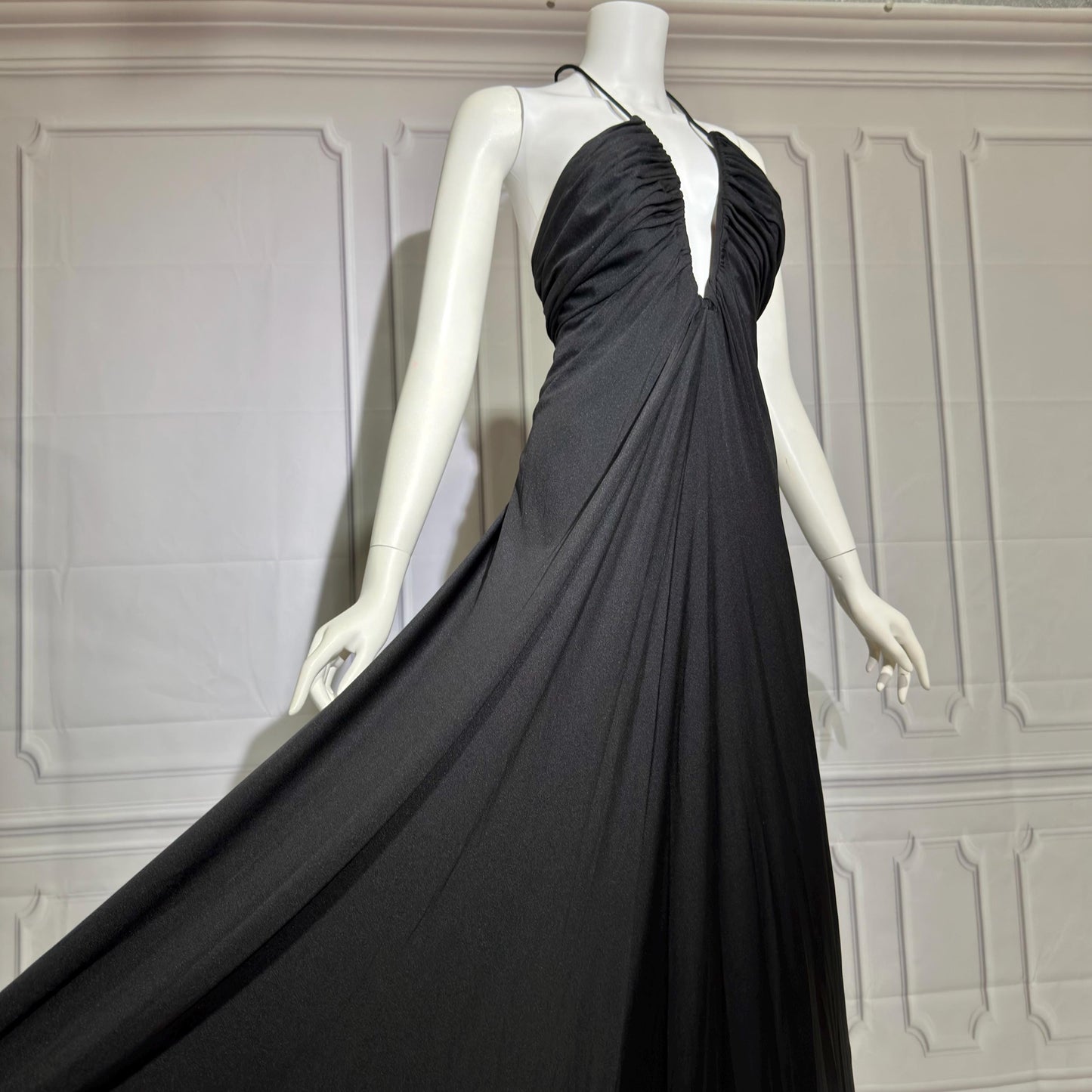 ESTEVEZ Vintage 1970s Black Jersey Knit Gown, Grecian Goddess Plunging Halter Neckline
