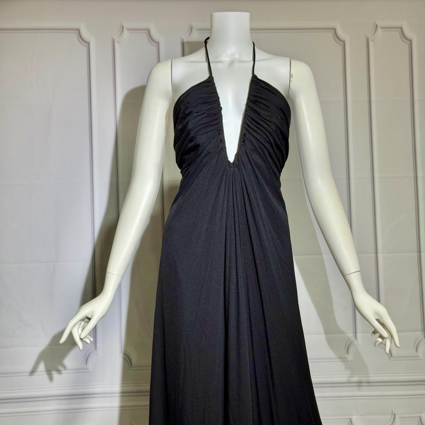 ESTEVEZ Vintage 1970s Black Jersey Knit Gown, Grecian Goddess Plunging Halter Neckline