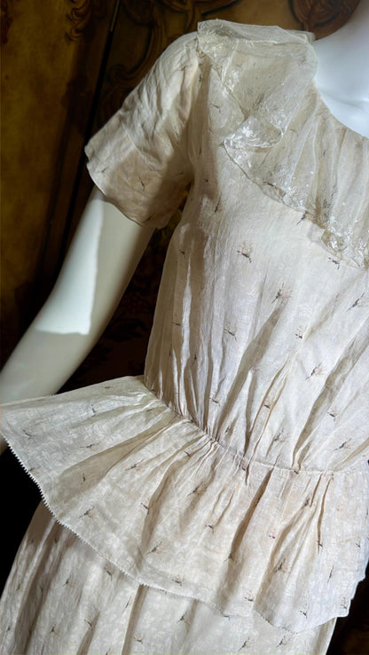 1930s vintage Cotton Day Dress, Ruffle Collar Peplum Batiste Casual Dress