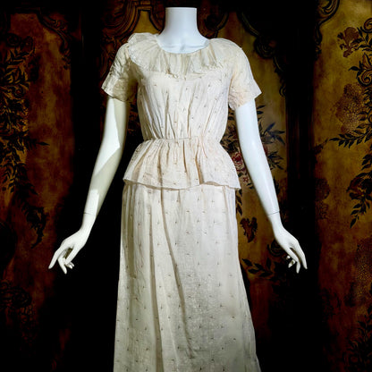 1930s vintage Cotton Day Dress, Ruffle Collar Peplum Batiste Casual Dress