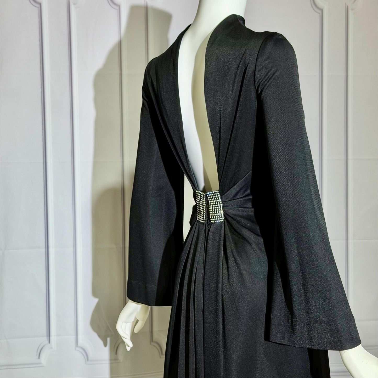 ESTEVEZ vintage 1970s evening gown, Eva Gabor Look Black high neck hostess gown dress