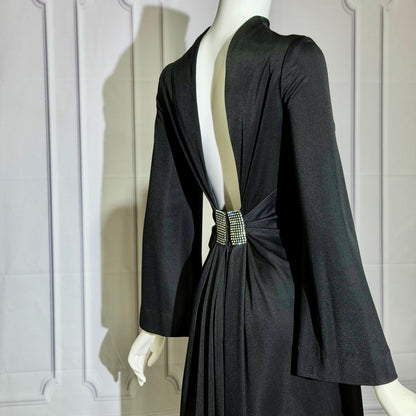 ESTEVEZ vintage 1970s evening gown, Eva Gabor Look Black high neck hostess gown dress